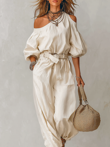 Off-the-shoulder Linen Jumpsuit With Tie Straps